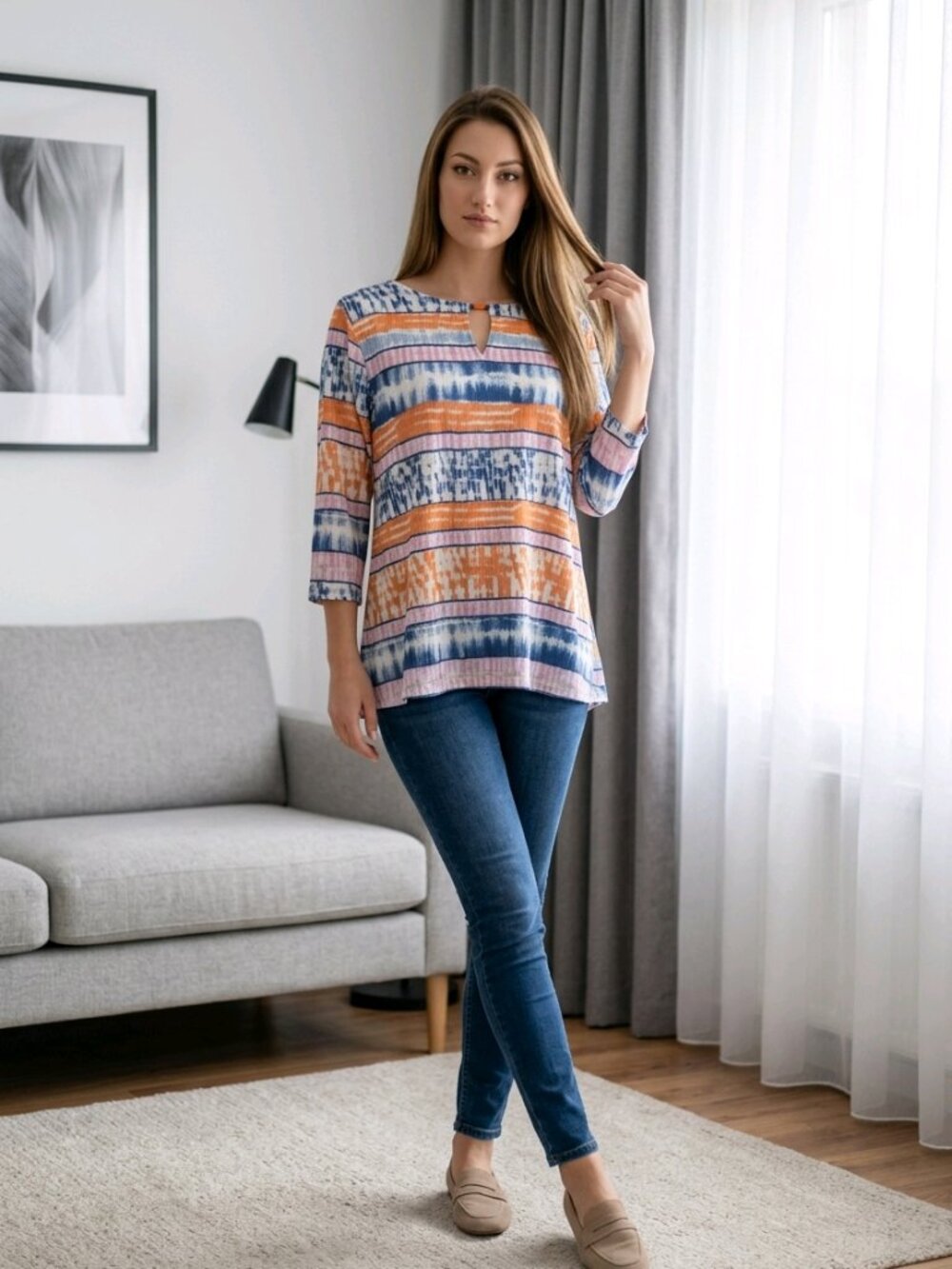 Ruby Rd. 3/4 Sleeve Orange, Blue and White Pullover Casual Top